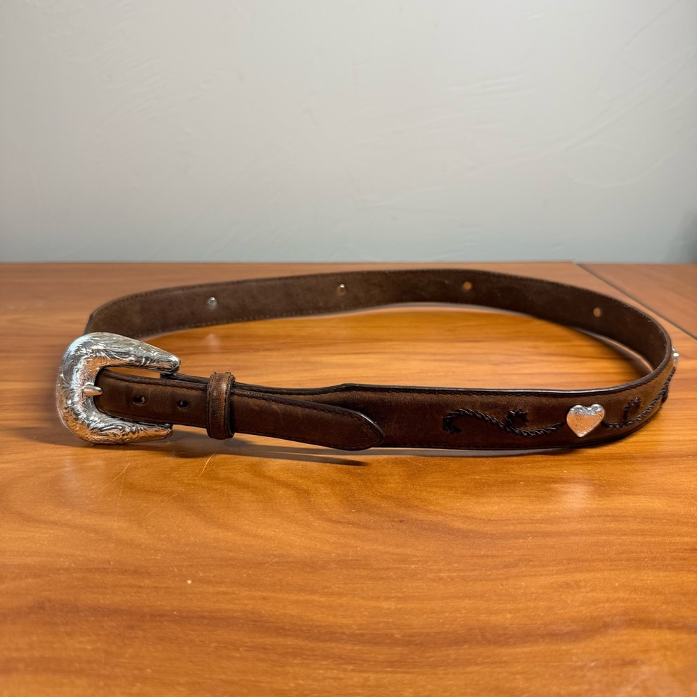 Tony Lama Women Brown Leather Silver Heart Engraved Western Belt Concho Taper 34 - Picture 2 of 7
